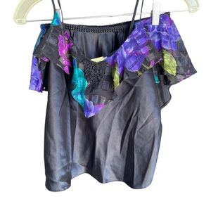 Vintage Lucie Ann II Two Piece Satin Tank and Shorties Set Black Floral NWT